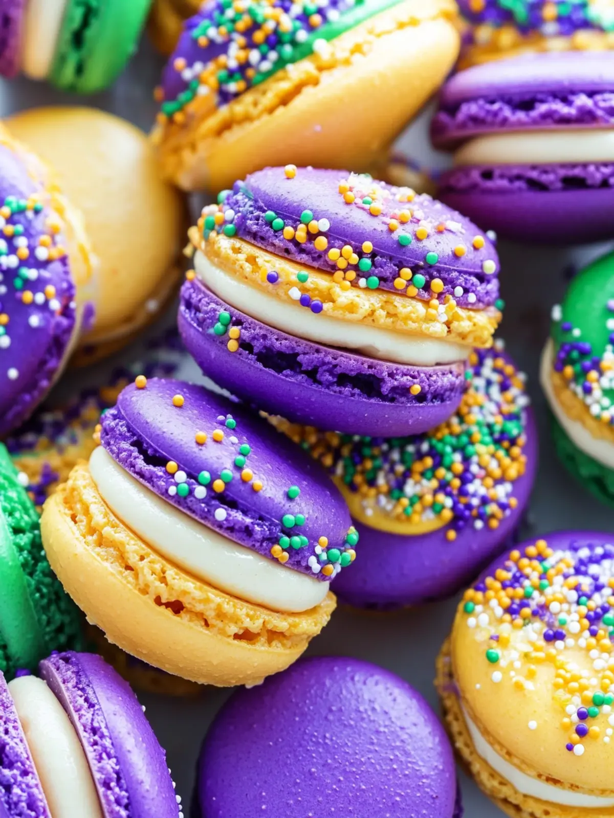 Vibrant Mardi Gras Macarons with Cinnamon Cream Cheese Delight 5 Mardi Gras Macarons