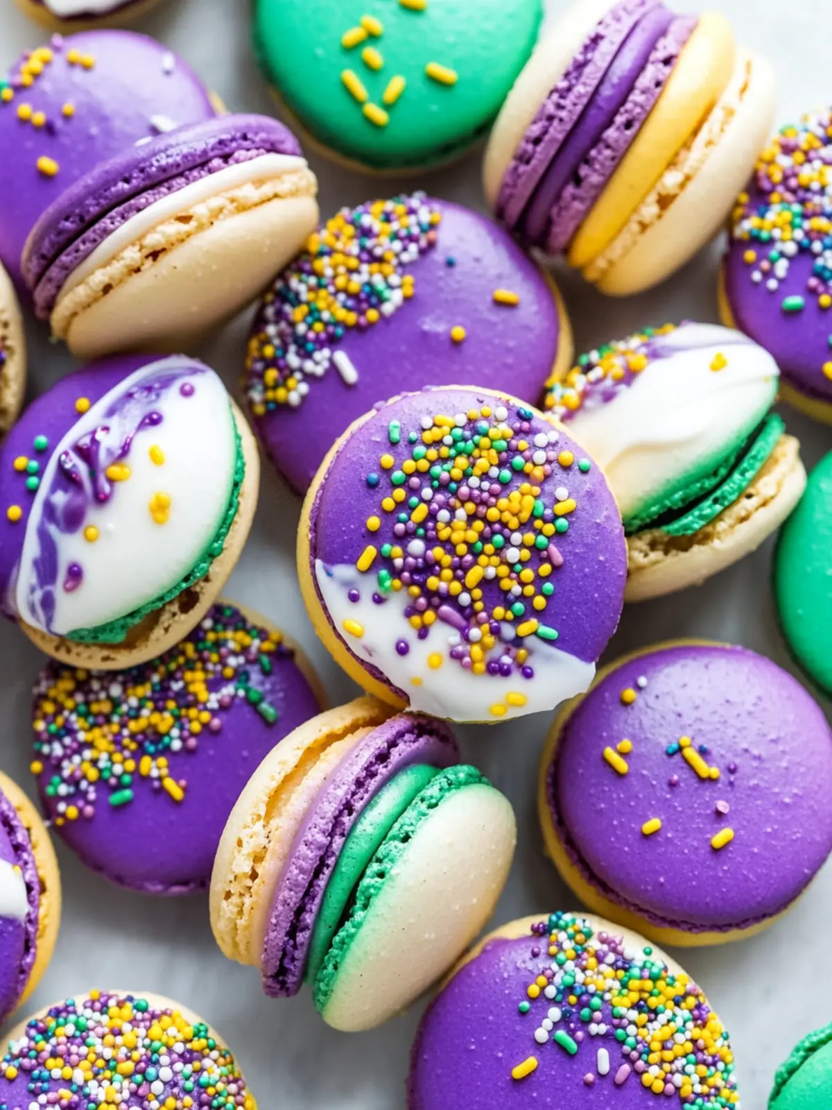 Vibrant Mardi Gras Macarons with Cinnamon Cream Cheese Delight 4 Mardi Gras Macarons