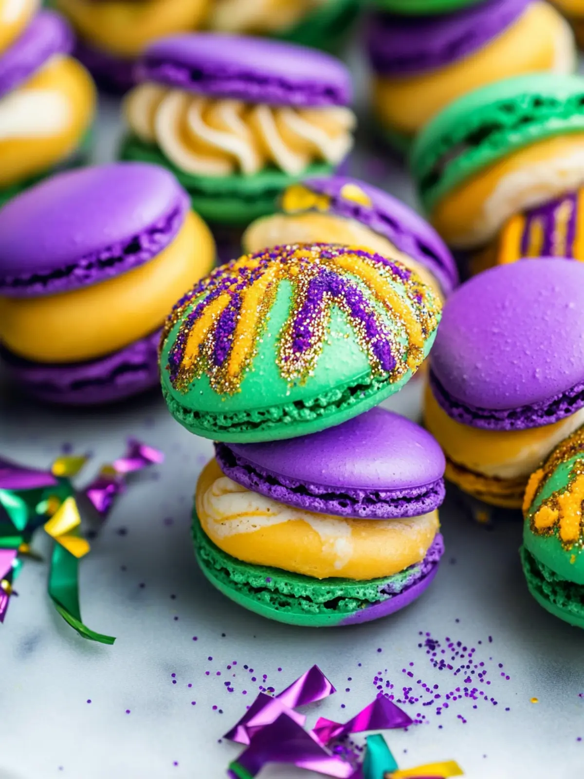 Vibrant Mardi Gras Macarons with Cinnamon Cream Cheese Delight 2 Mardi Gras Macarons