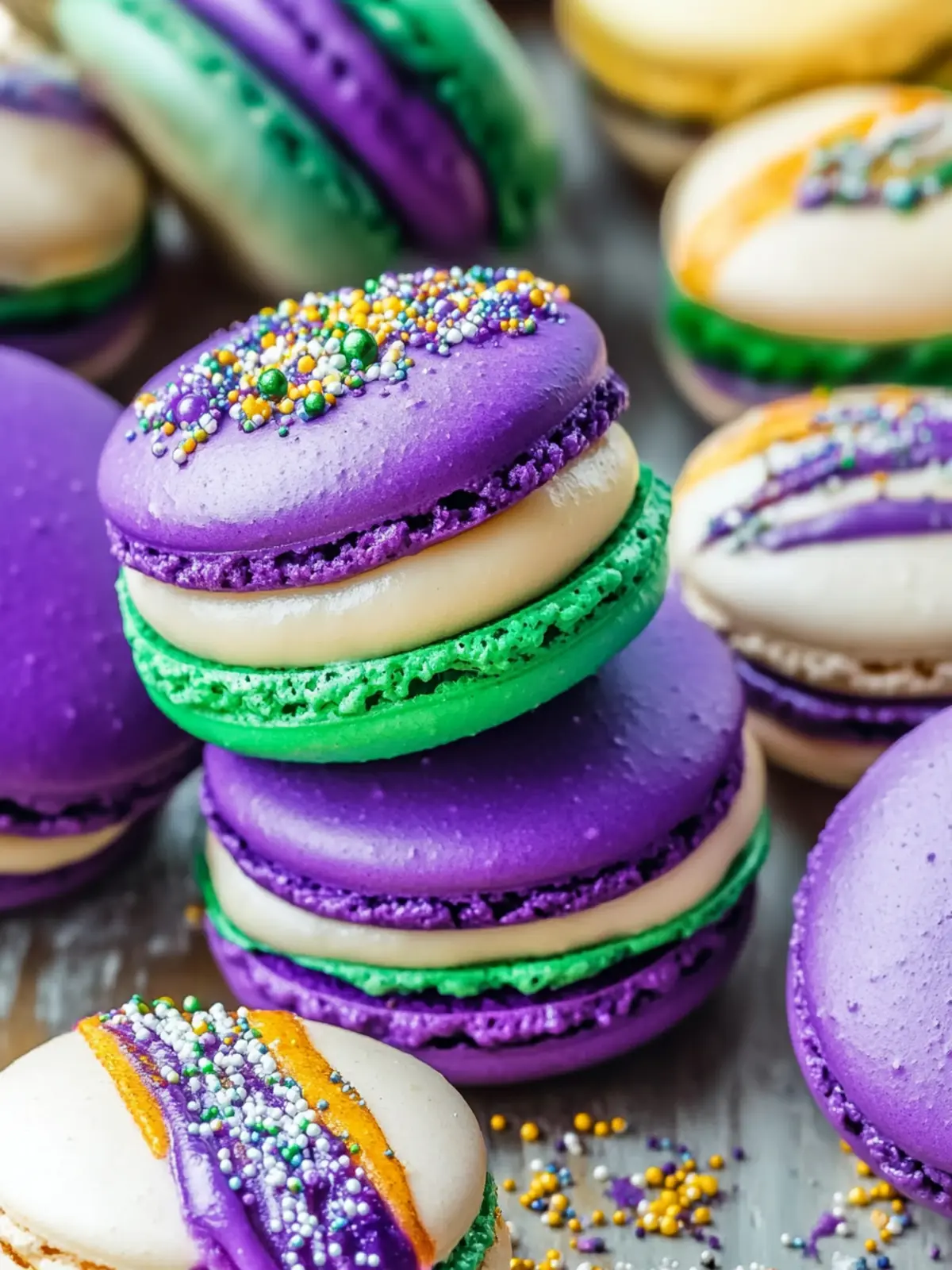 Vibrant Mardi Gras Macarons with Cinnamon Cream Cheese Delight 3 Mardi Gras Macarons