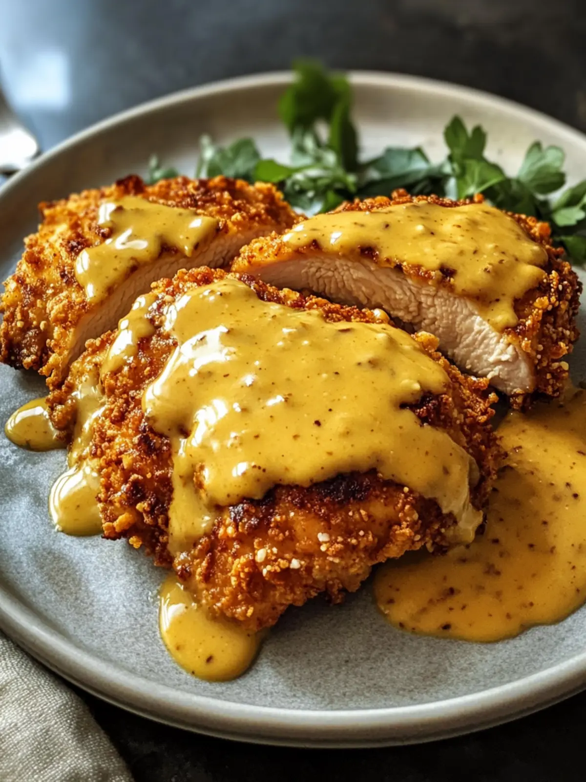 Pretzel Chicken with Mustard-Cheddar Sauce