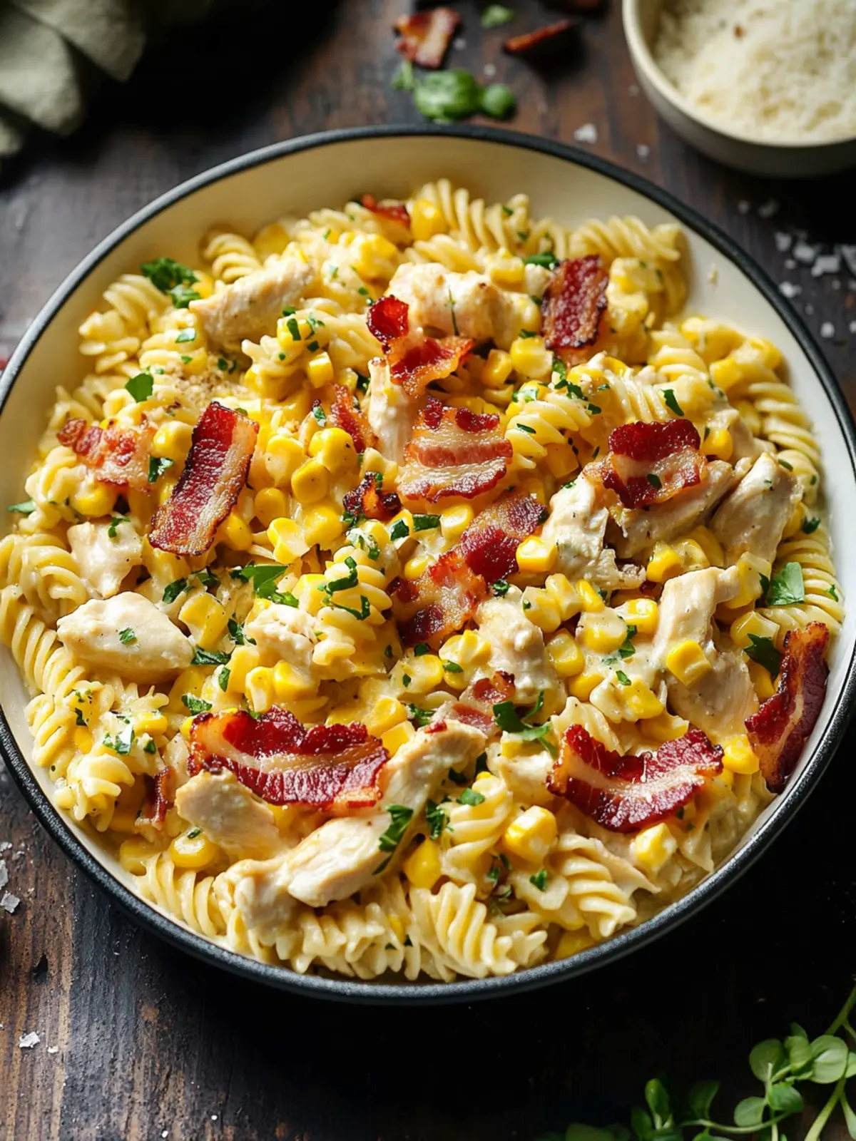 Creamy Chicken and Corn Pasta with Bacon: 30-Minute Delight 2 Creamy Chicken and Corn Pasta with Bacon